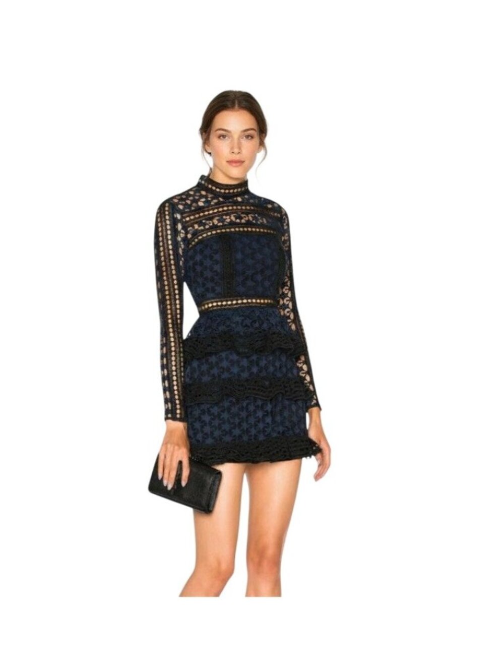 Self-Portrait Navy Blue Black High Neck Star Lace Mini Dress - Size XS